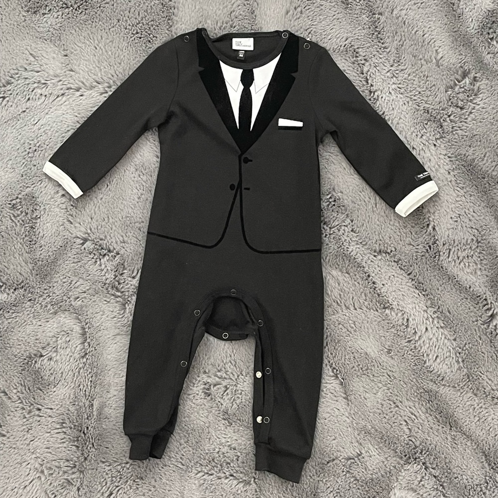 Black tuxedo onesie, boys, stretchy.
